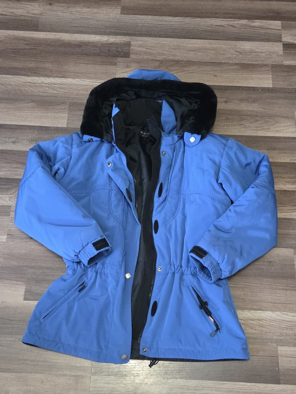 RAINIER Ski Blue Long Jacket Black Faux Fur Collar Size 12 Snow
